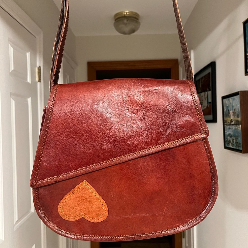Vintage Two Tone Leather “Heart” Saddle Bag Crossbody Bag